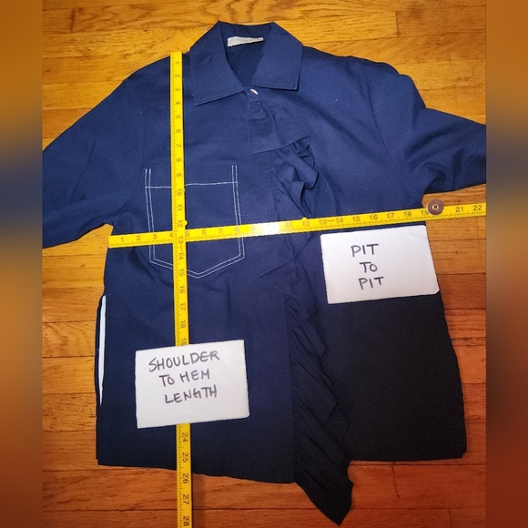 YUNE HO Short Sleeve 100% Cotton Navy Button Down Ruffle Blouse Top - Picture 6 of 10